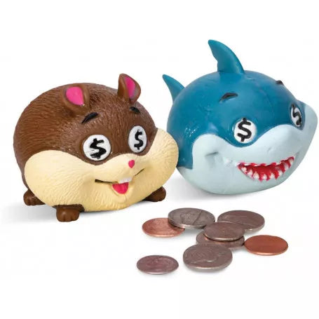 Two animal-shaped piggy banks, one resembling a hedgehog and the other a shark, with coins around them on a white background.