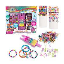 Rainbow Loom bracelet-making kit with packaging, loom, bands, and bracelets on a white background