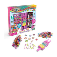 Rainbow Loom kit with loom, bands, and tools on a white background