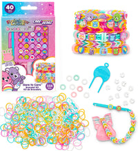 Rainbow Loom Care Bears bracelet making kit with colorful rubber bands, tool, and pre-made bracelets on a white background.