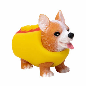 Dog-shaped toy in a hot dog costume on a white background