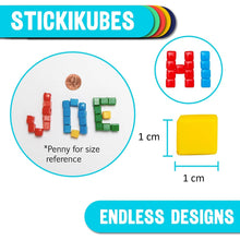 Colorful building blocks with text and measurements, featuring the brand 'Stickikubes'.