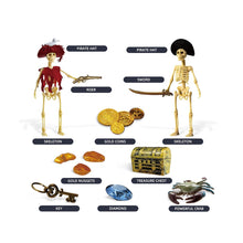 Toy skeleton figures with accessories on a white background