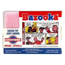 Bazooka bubble gum packaging with cartoon characters and text on a white background