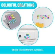 Colorful magnetic letters on various surfaces with text 'Colorful Creations' and 'Sticks to all different surfaces!'.