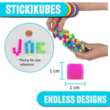 Colorful stickable cubes with 'JUICE' spelled out, size reference with a penny, and measurement details.