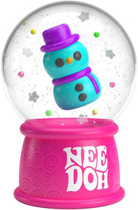 Snow globe with a blue character wearing a purple hat and scarf, inside a pink base with 'NEE DOH' text.