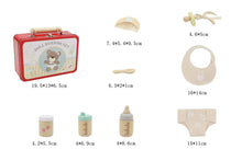 Wooden baby doll playset in tin