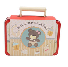 Wooden baby doll playset in tin