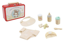 Wooden baby doll playset in tin