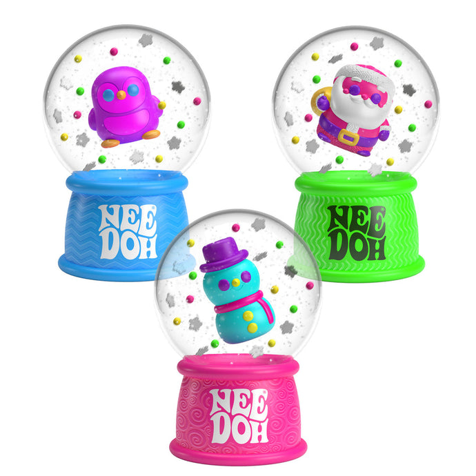 Three colorful snow globes with 'NEEDOH' branding on a white background