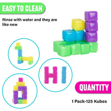Colorful building blocks with cleaning instructions and quantity information on a white background