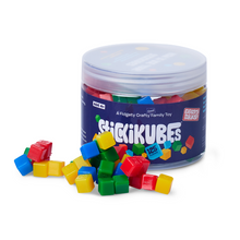Jar of colorful fidget cubes with 'Slickikubes' branding on a white background