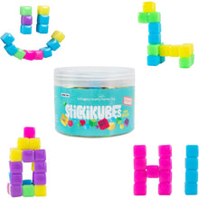 Colorful stickable blocks with a container labeled 'Stickikubes' on a white background