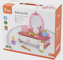 Viga toy makeup set packaging with pink vanity, mirror, and accessories on a white background.