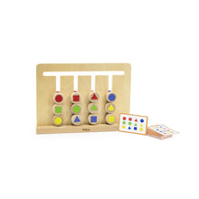 Wooden shape sorting toy with colorful shapes and Viga branding on a white background