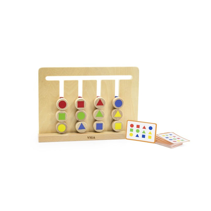 Wooden shape sorting toy with colorful shapes and Viga branding on a white background
