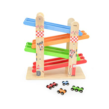 Colorful wooden toy track with cars on a white background