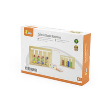 Box of a educational toy set for color and shape matching on a white background