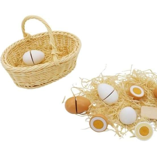 Wooden life like pretend play eggs cut in half with basket great easter gift