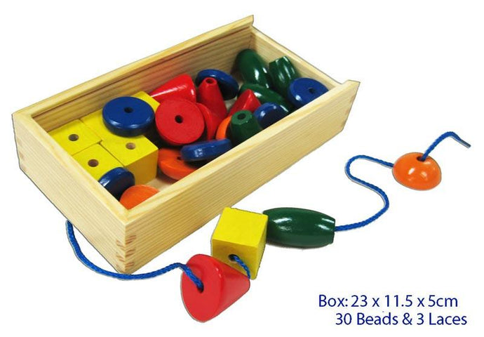 Wooden lacing beads, shapes and colours