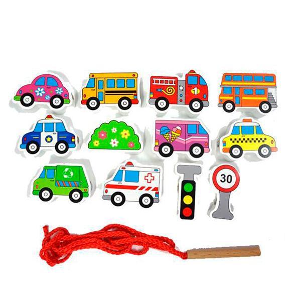 Wooden Transport themed blocks for lacing threading