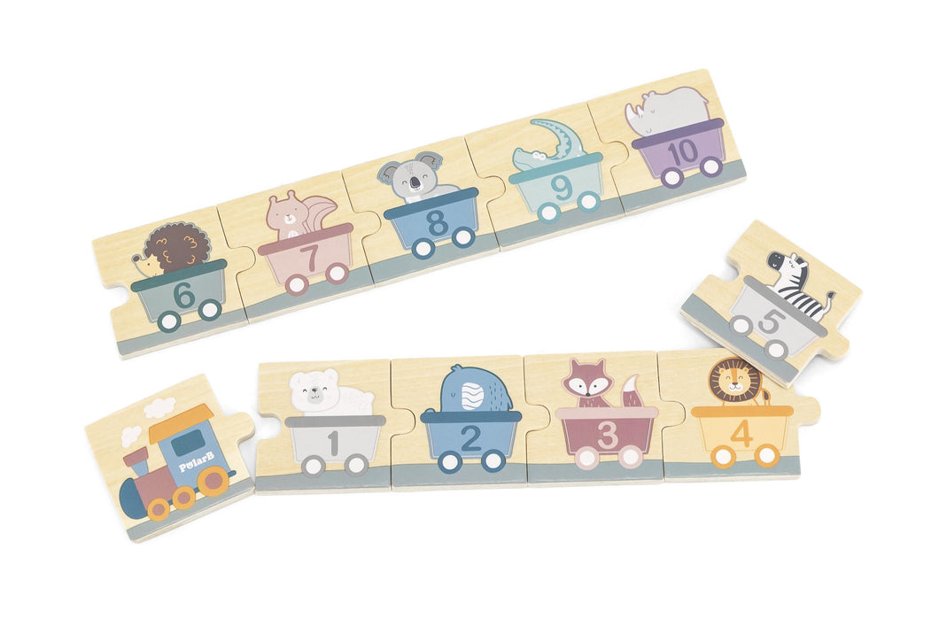 Wooden number puzzles train animals