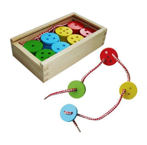 Coloured wooden button threading lacing toy