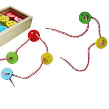 Coloured wooden button threading lacing toy